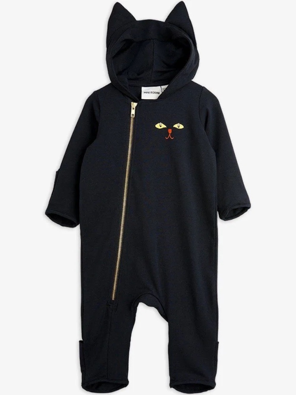Mini Rodini Black Cat Hooded Footie with Gold Zipper